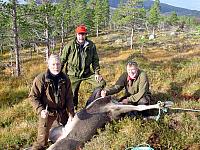 Harry, Gustav og Arnfinn skal til å tømme kalven ved Tverrberget